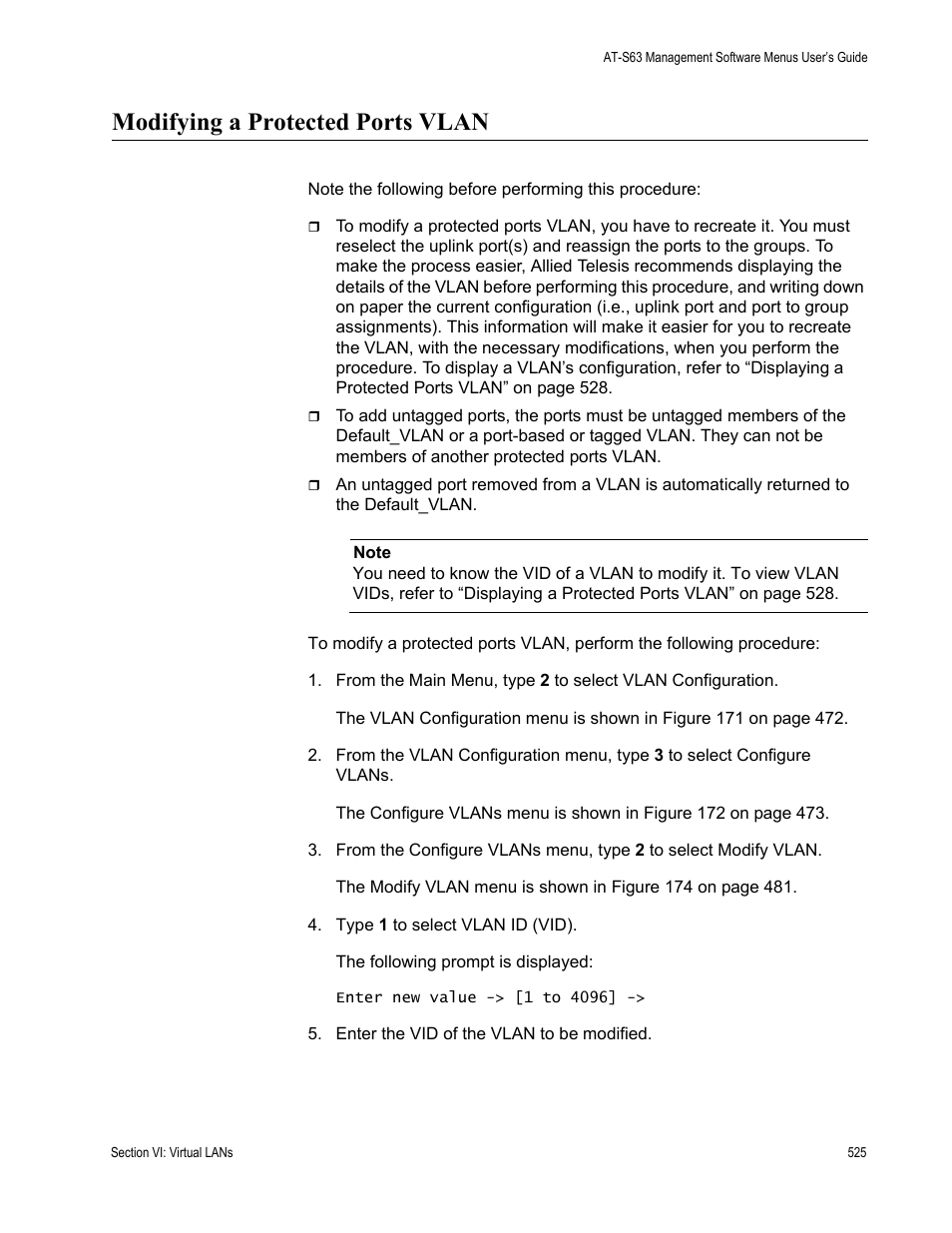 Modifying a protected ports vlan | Allied Telesis AT-S63 User Manual | Page 525 / 668