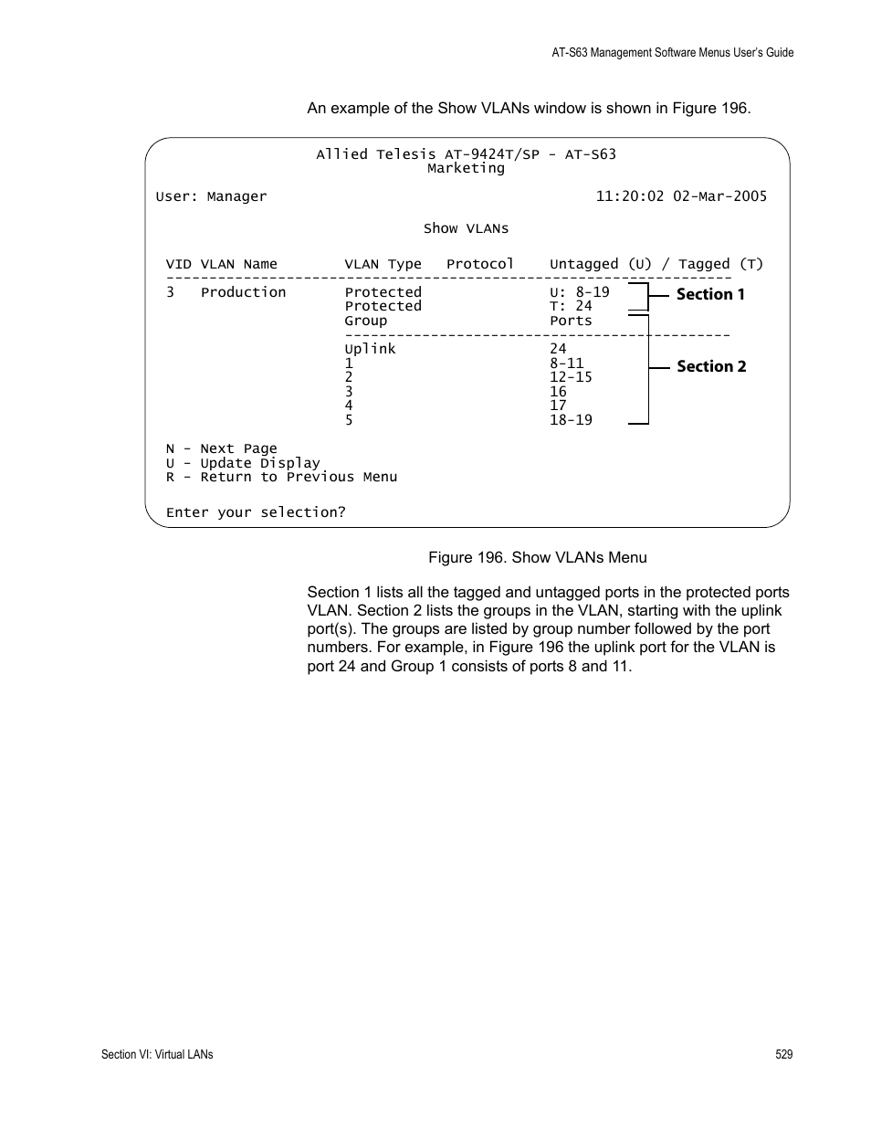 Figure 196: show vlans menu | Allied Telesis AT-S63 User Manual | Page 529 / 668