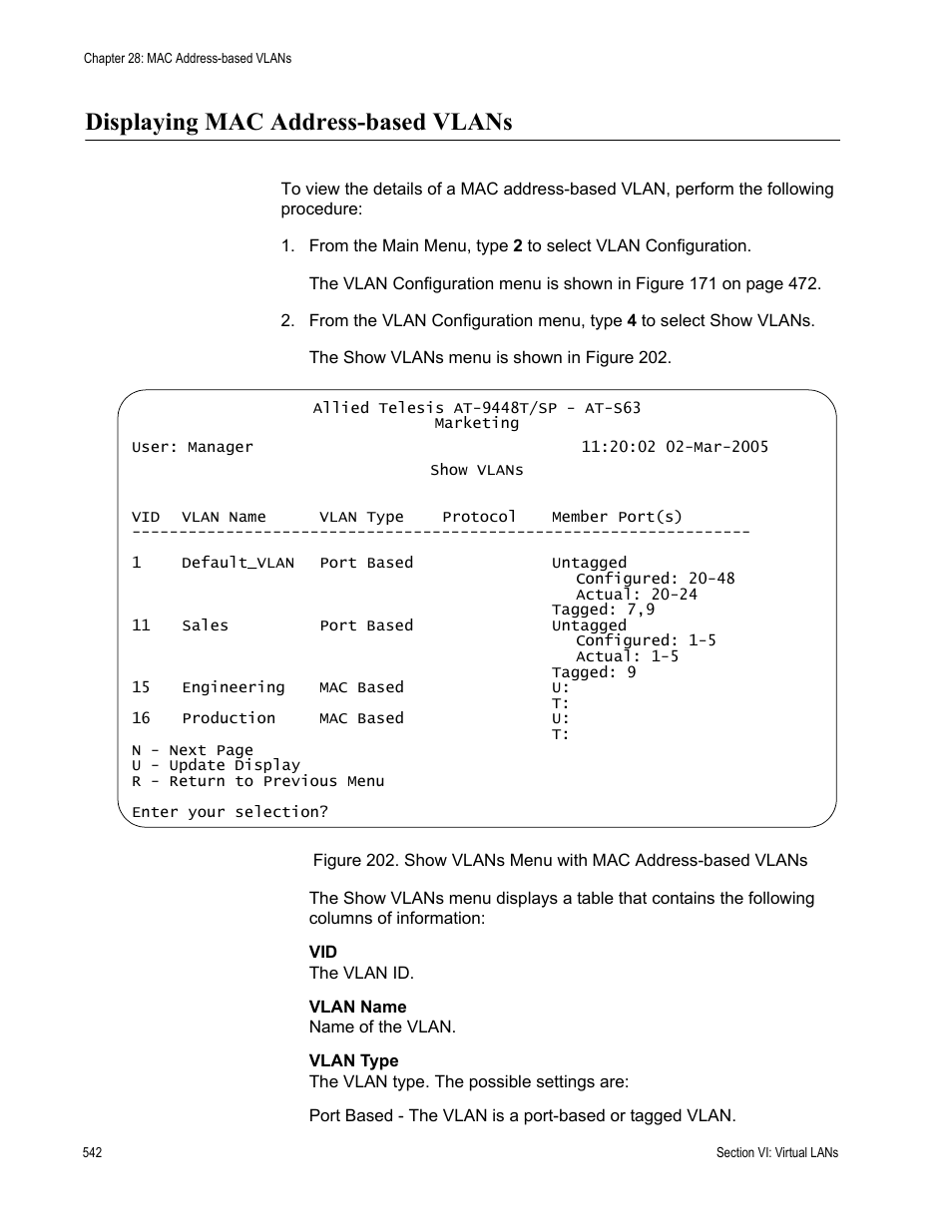 Displaying mac address-based vlans | Allied Telesis AT-S63 User Manual | Page 542 / 668