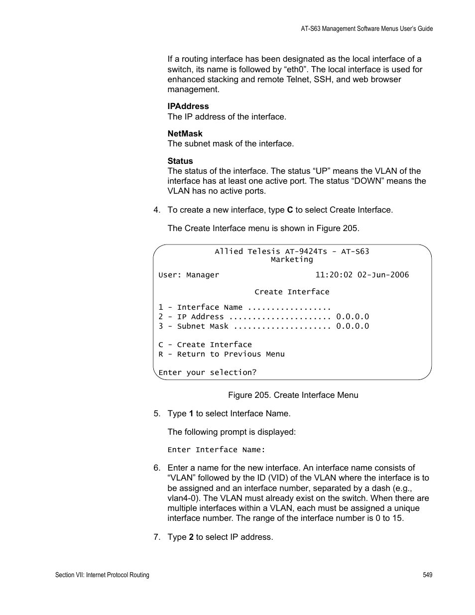 Figure 205: create interface menu | Allied Telesis AT-S63 User Manual | Page 549 / 668