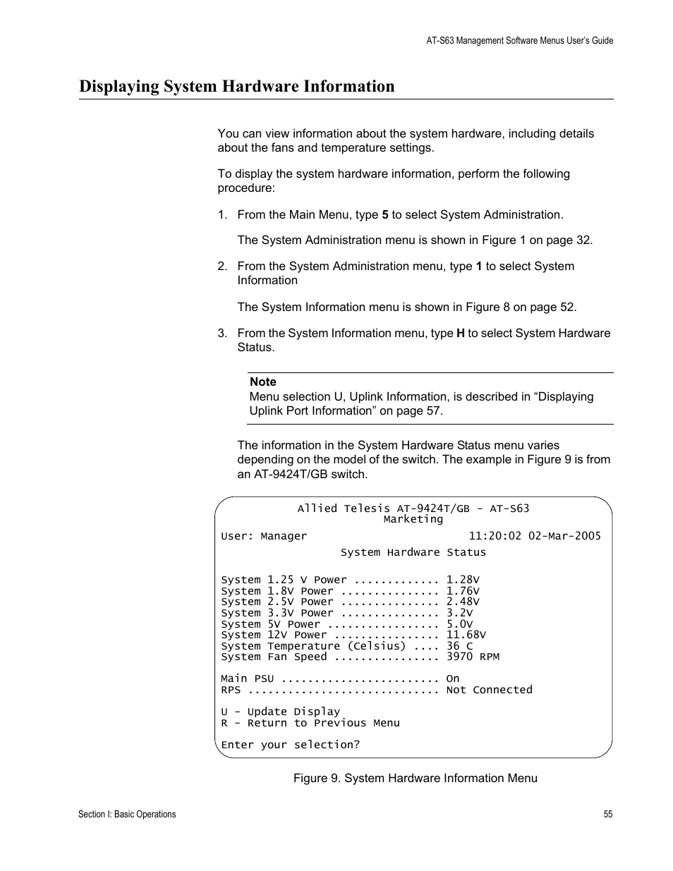 Displaying system hardware information, Figure 9: system hardware information menu | Allied Telesis AT-S63 User Manual | Page 55 / 668