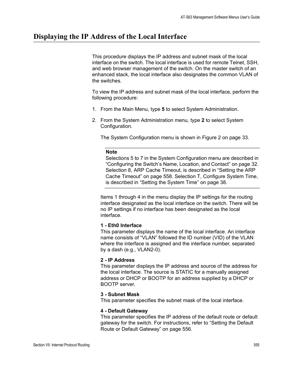Displaying the ip address of the local interface | Allied Telesis AT-S63 User Manual | Page 555 / 668
