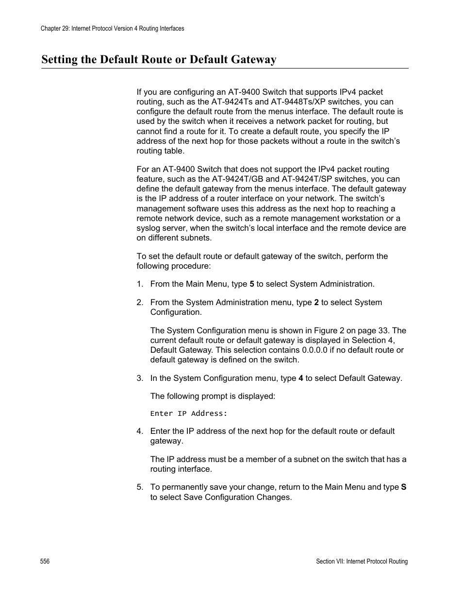 Setting the default route or default gateway | Allied Telesis AT-S63 User Manual | Page 556 / 668