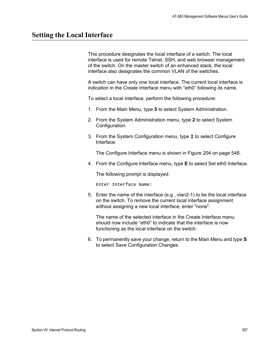 Setting the local interface | Allied Telesis AT-S63 User Manual | Page 557 / 668