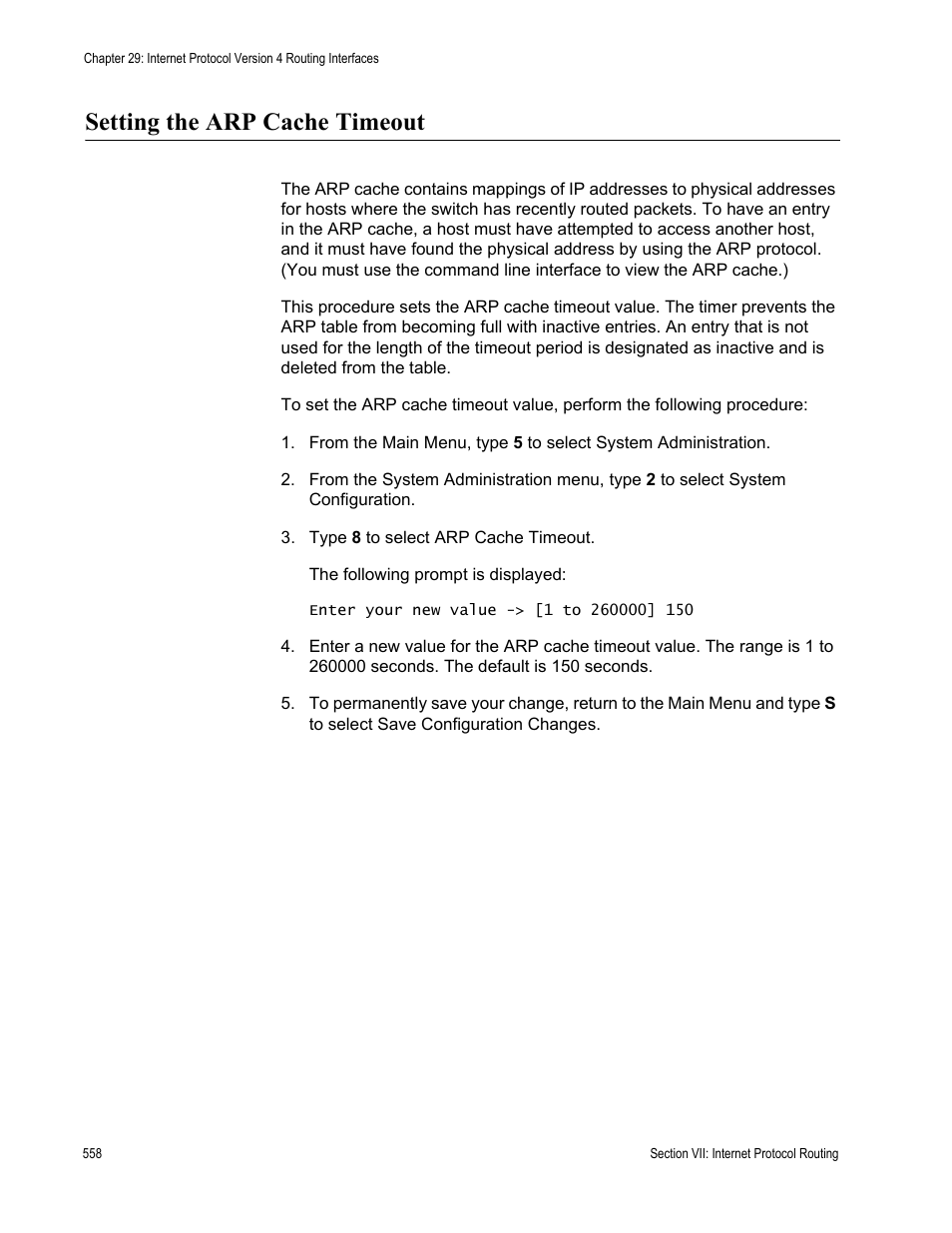 Setting the arp cache timeout | Allied Telesis AT-S63 User Manual | Page 558 / 668