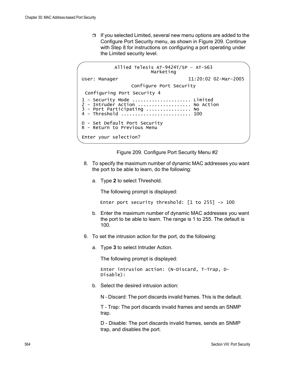 Figure 209: configure port security menu #2 | Allied Telesis AT-S63 User Manual | Page 564 / 668
