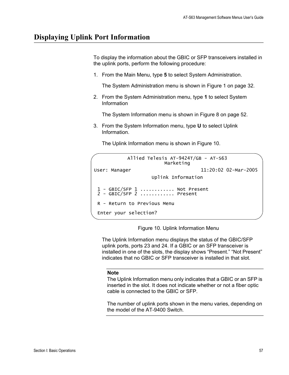 Displaying uplink port information, Figure 10: uplink information menu | Allied Telesis AT-S63 User Manual | Page 57 / 668
