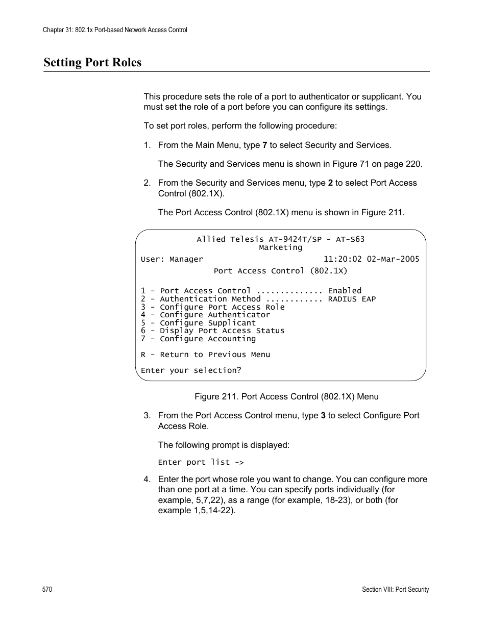 Setting port roles, Figure 211: port access control (802.1x) menu | Allied Telesis AT-S63 User Manual | Page 570 / 668