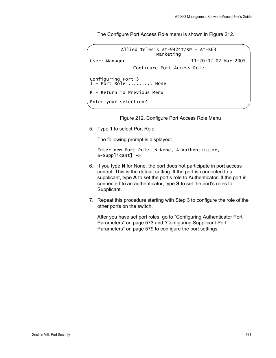 Figure 212: configure port access role menu | Allied Telesis AT-S63 User Manual | Page 571 / 668