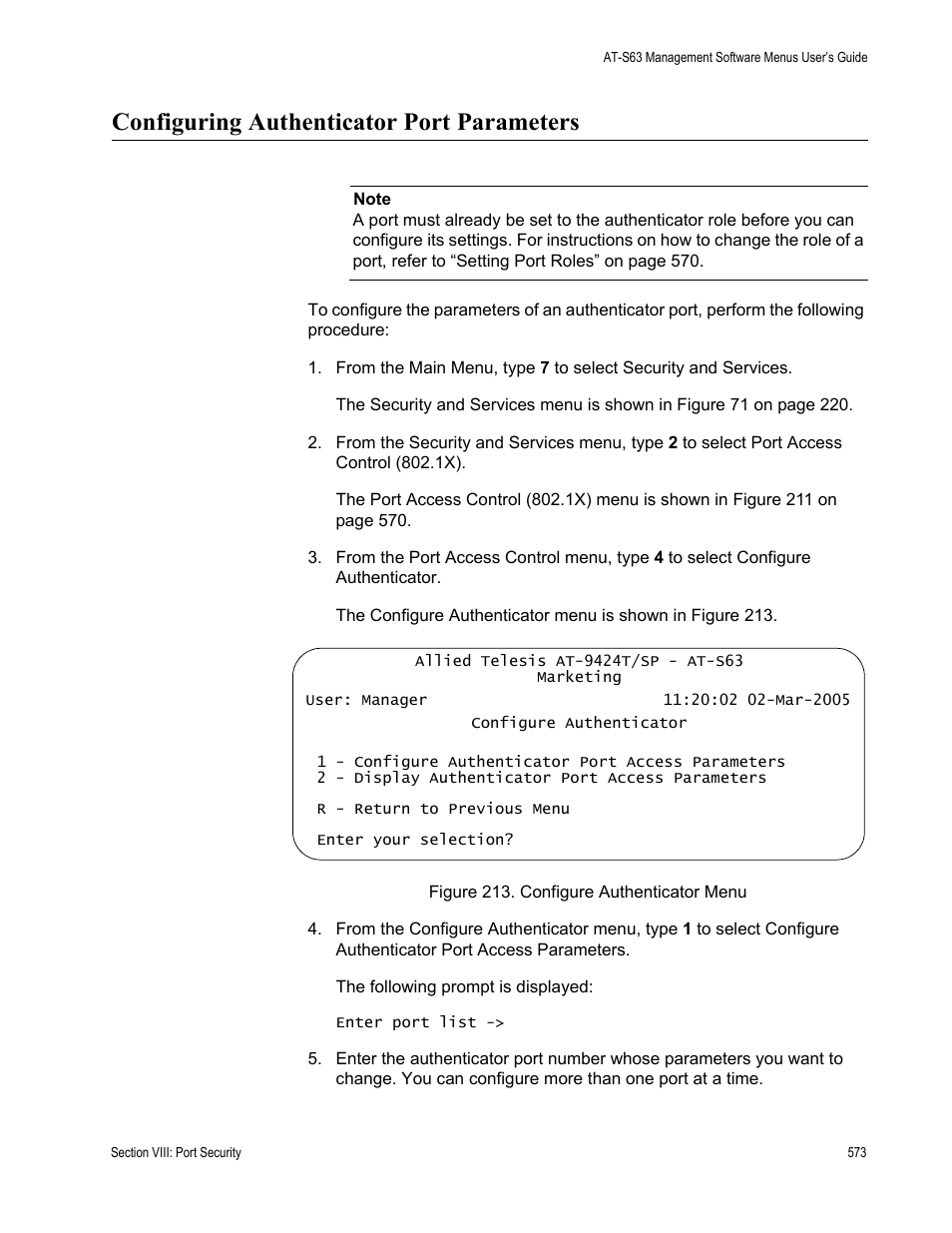 Configuring authenticator port parameters, Figure 213: configure authenticator menu | Allied Telesis AT-S63 User Manual | Page 573 / 668