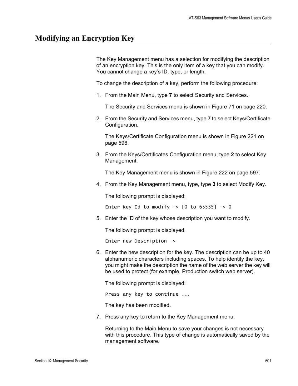 Modifying an encryption key | Allied Telesis AT-S63 User Manual | Page 601 / 668