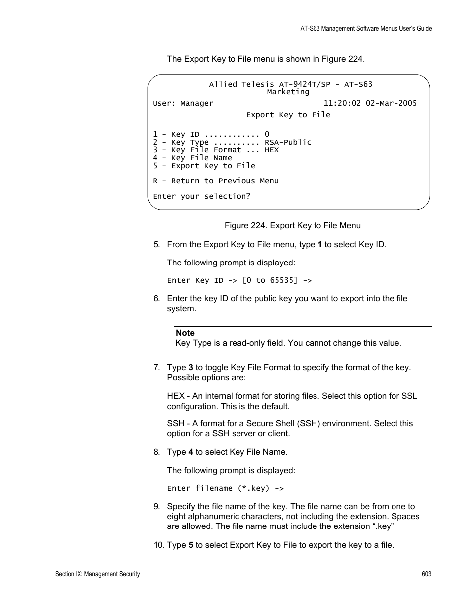 Figure 224: export key to file menu | Allied Telesis AT-S63 User Manual | Page 603 / 668