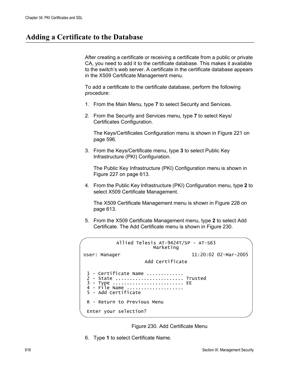 Adding a certificate to the database, Figure 230: add certificate menu, Adding | Ained in “adding | Allied Telesis AT-S63 User Manual | Page 616 / 668