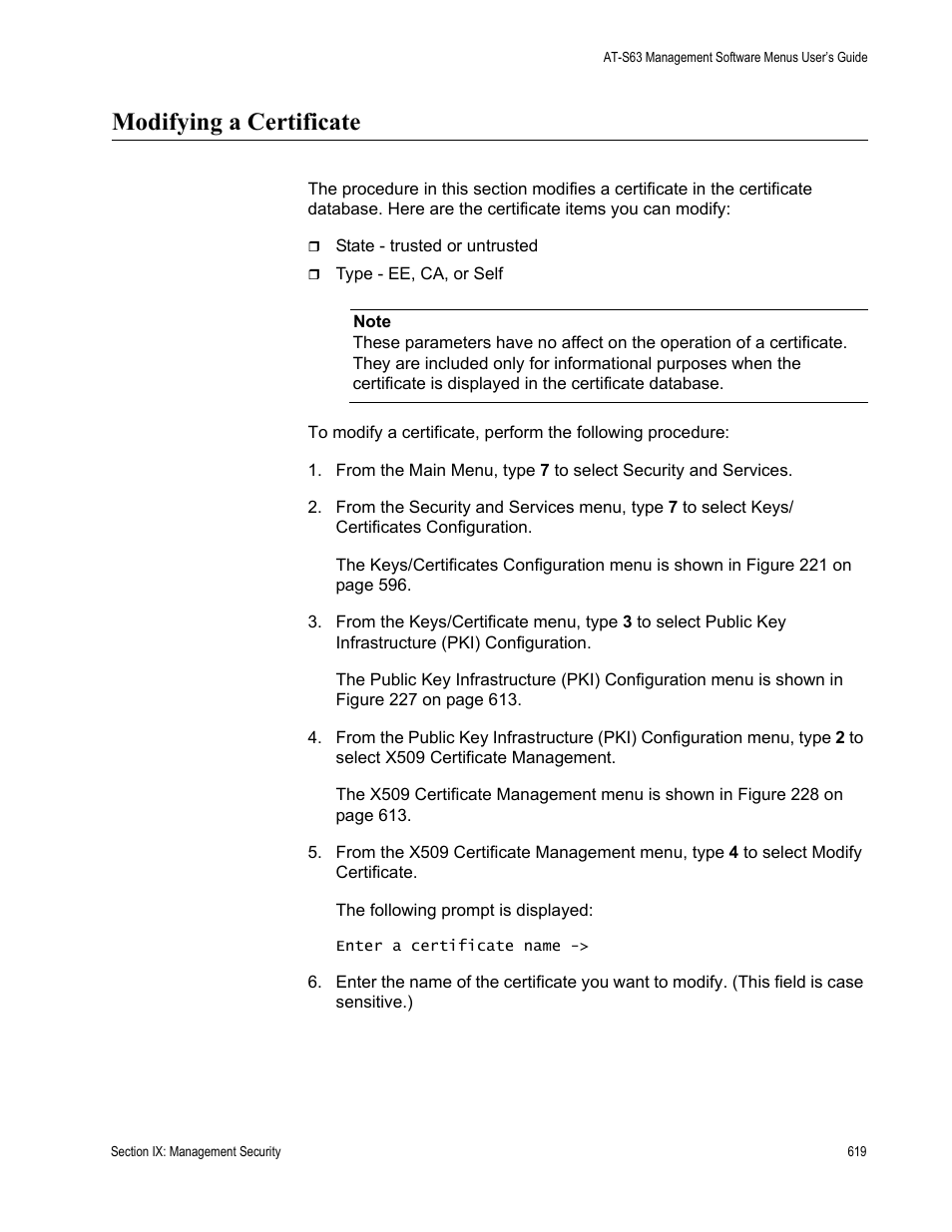 Modifying a certificate | Allied Telesis AT-S63 User Manual | Page 619 / 668