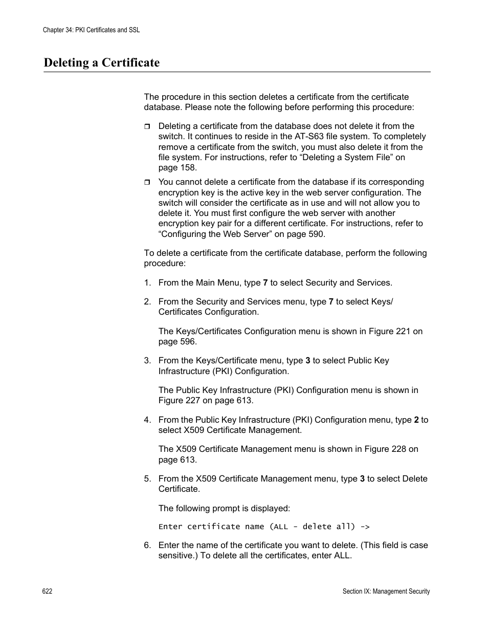 Deleting a certificate | Allied Telesis AT-S63 User Manual | Page 622 / 668