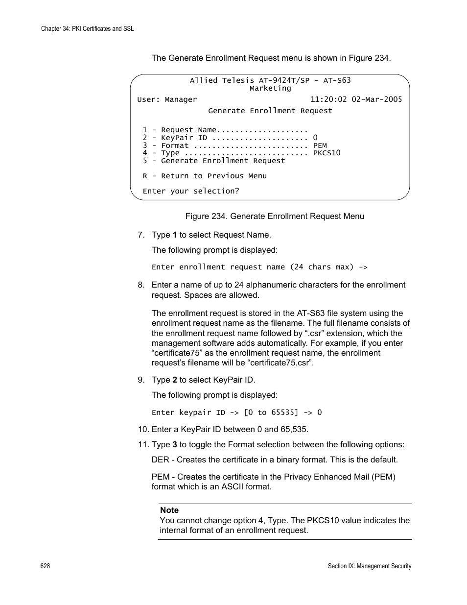 Figure 234: generate enrollment request menu | Allied Telesis AT-S63 User Manual | Page 628 / 668