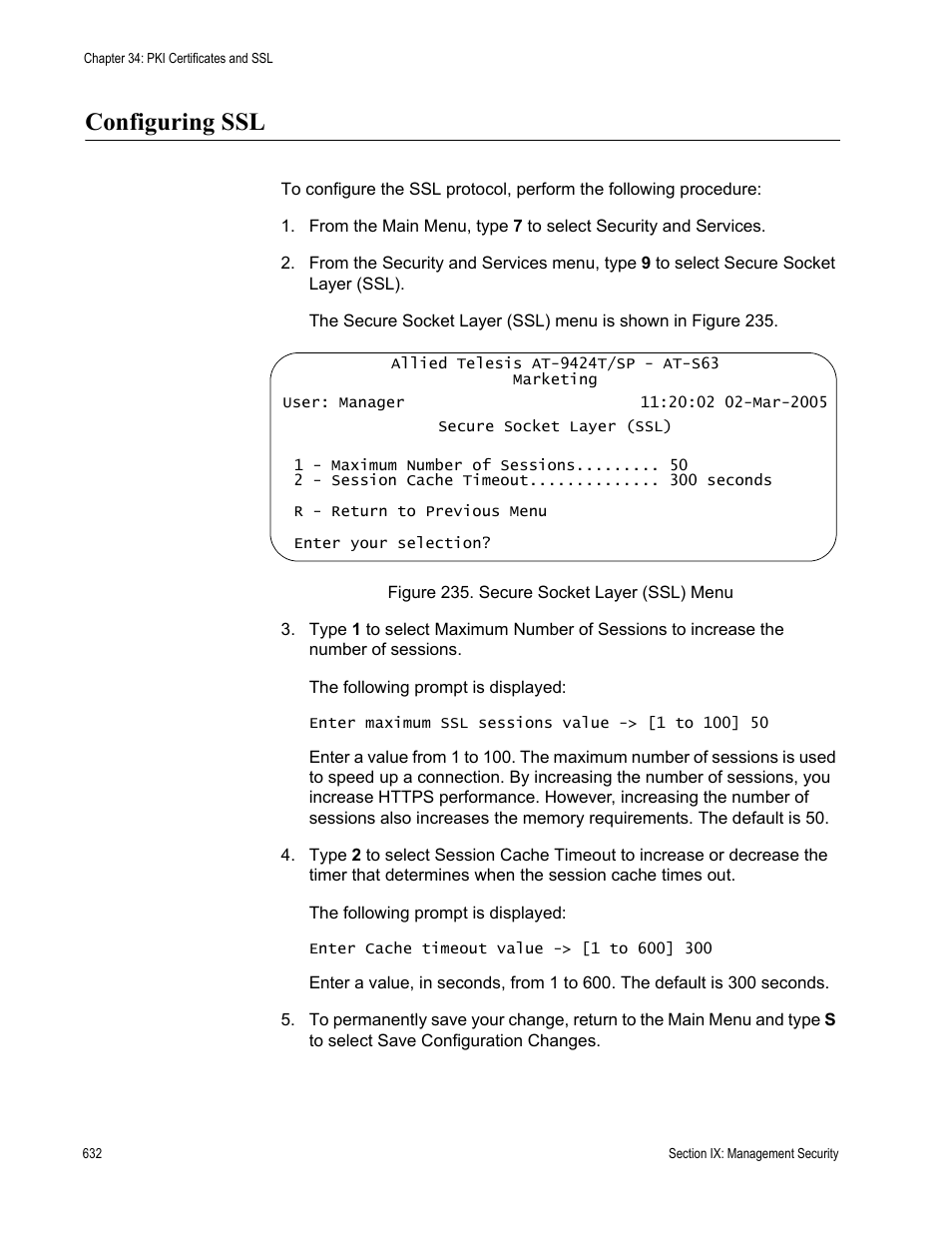 Configuring ssl, Figure 235: secure socket layer (ssl) menu | Allied Telesis AT-S63 User Manual | Page 632 / 668