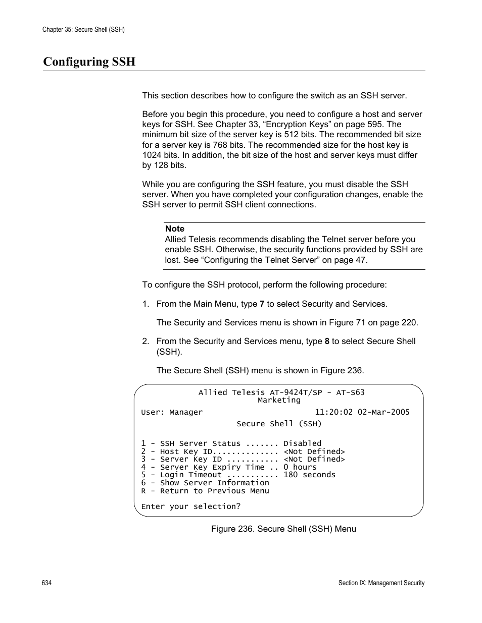 Configuring ssh, Figure 236: secure shell (ssh) menu | Allied Telesis AT-S63 User Manual | Page 634 / 668