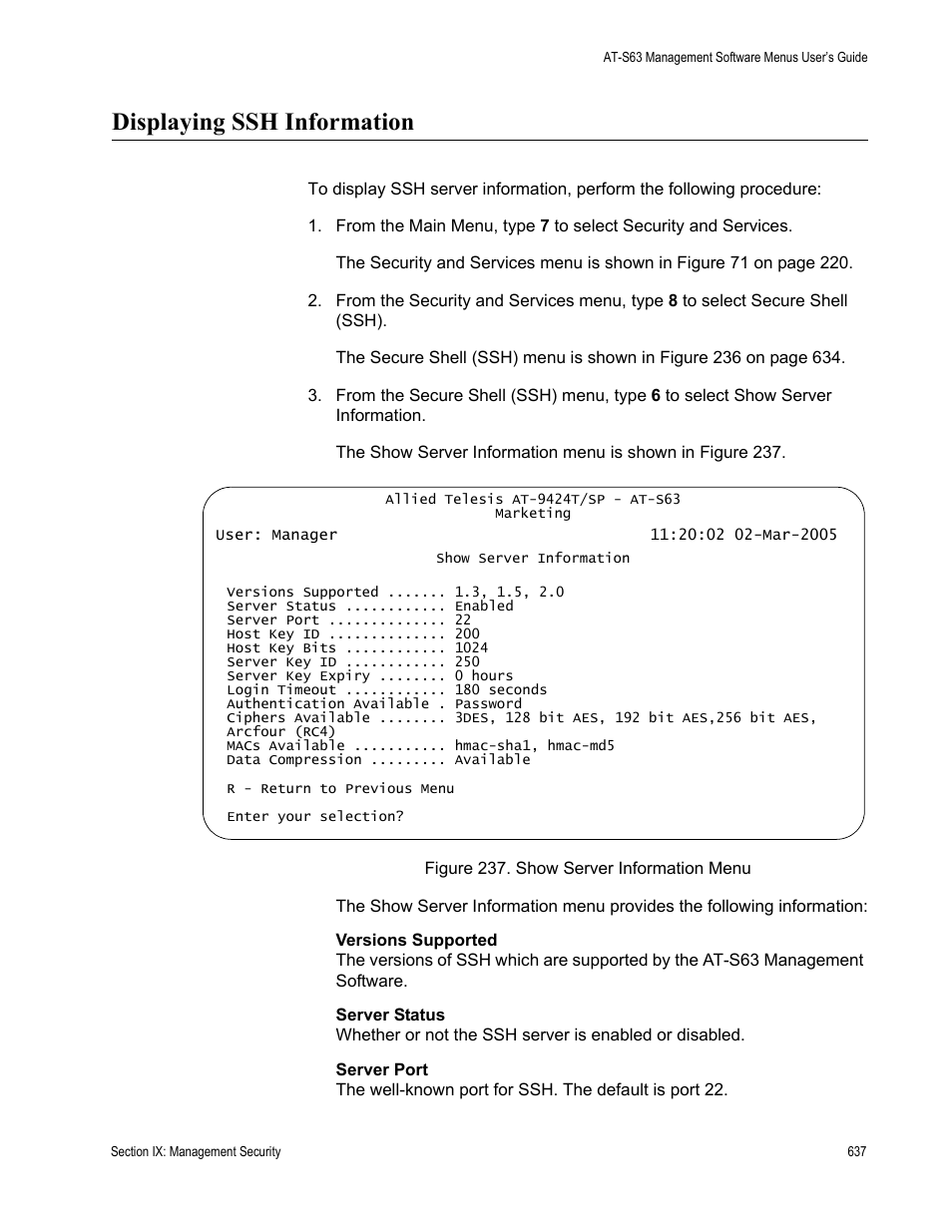 Displaying ssh information, Figure 237: show server information menu | Allied Telesis AT-S63 User Manual | Page 637 / 668