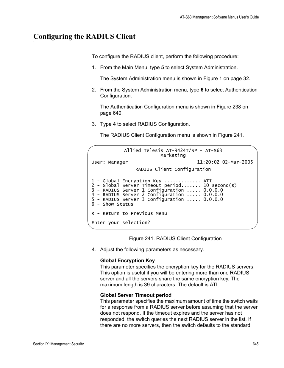 Configuring the radius client, Figure 241: radius client configuration | Allied Telesis AT-S63 User Manual | Page 645 / 668