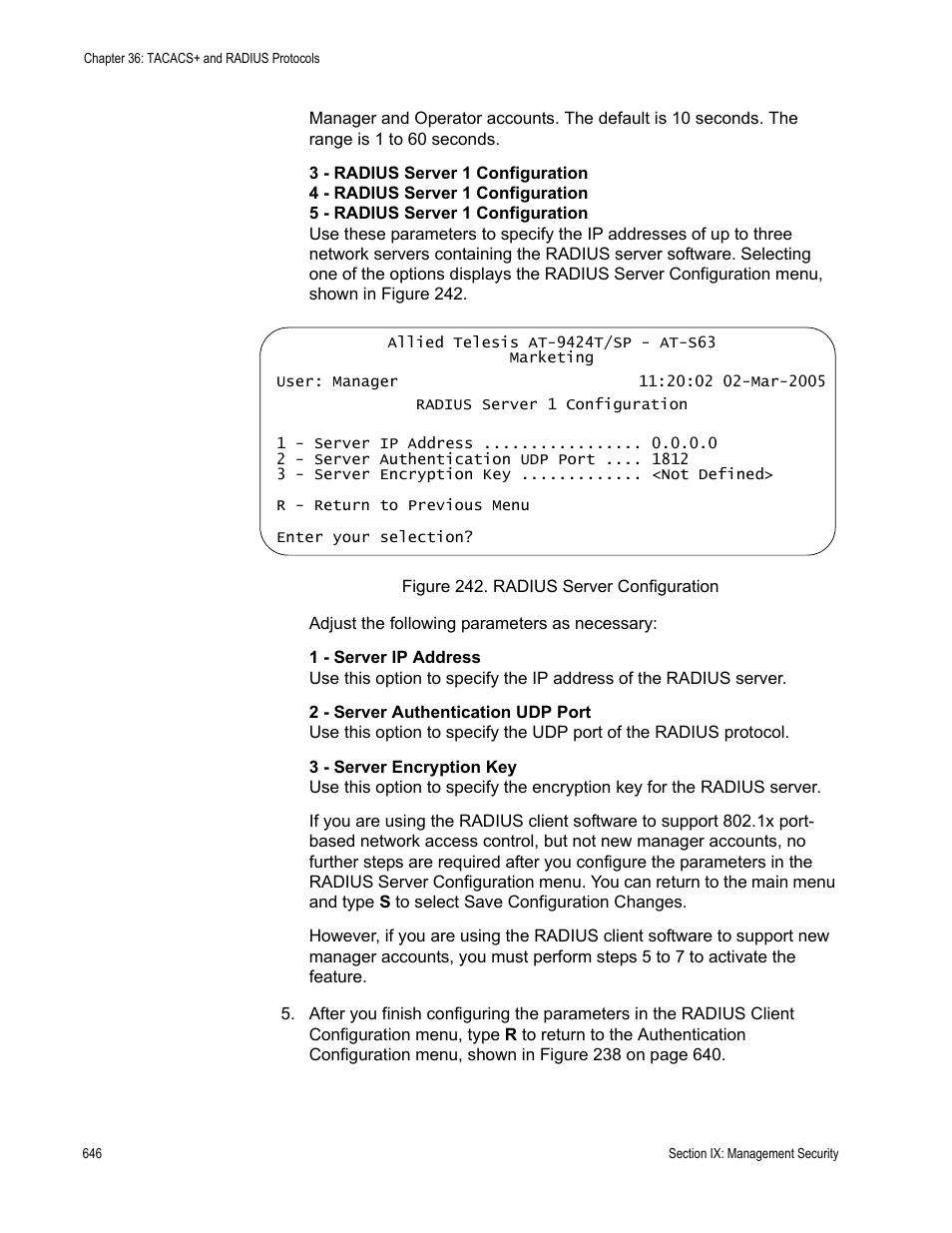 Figure 242: radius server configuration | Allied Telesis AT-S63 User Manual | Page 646 / 668
