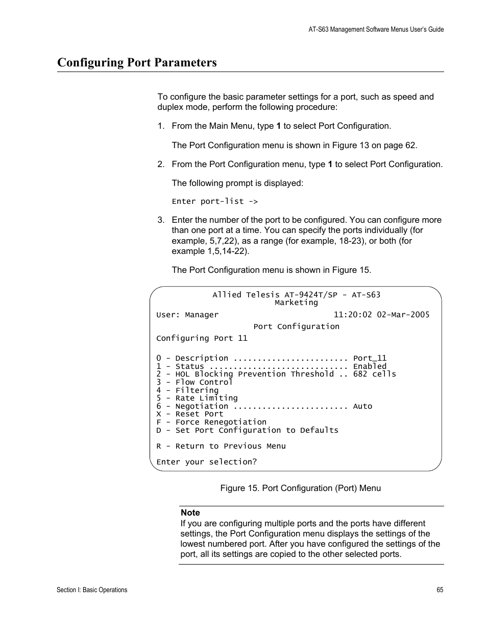 Configuring port parameters, Figure 15: port configuration (port) menu | Allied Telesis AT-S63 User Manual | Page 65 / 668