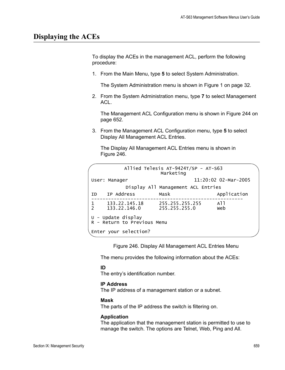 Displaying the aces, Display all management acl entries menu | Allied Telesis AT-S63 User Manual | Page 659 / 668