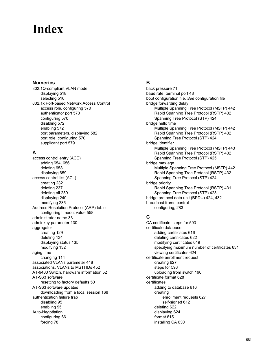Index, Numerics | Allied Telesis AT-S63 User Manual | Page 661 / 668