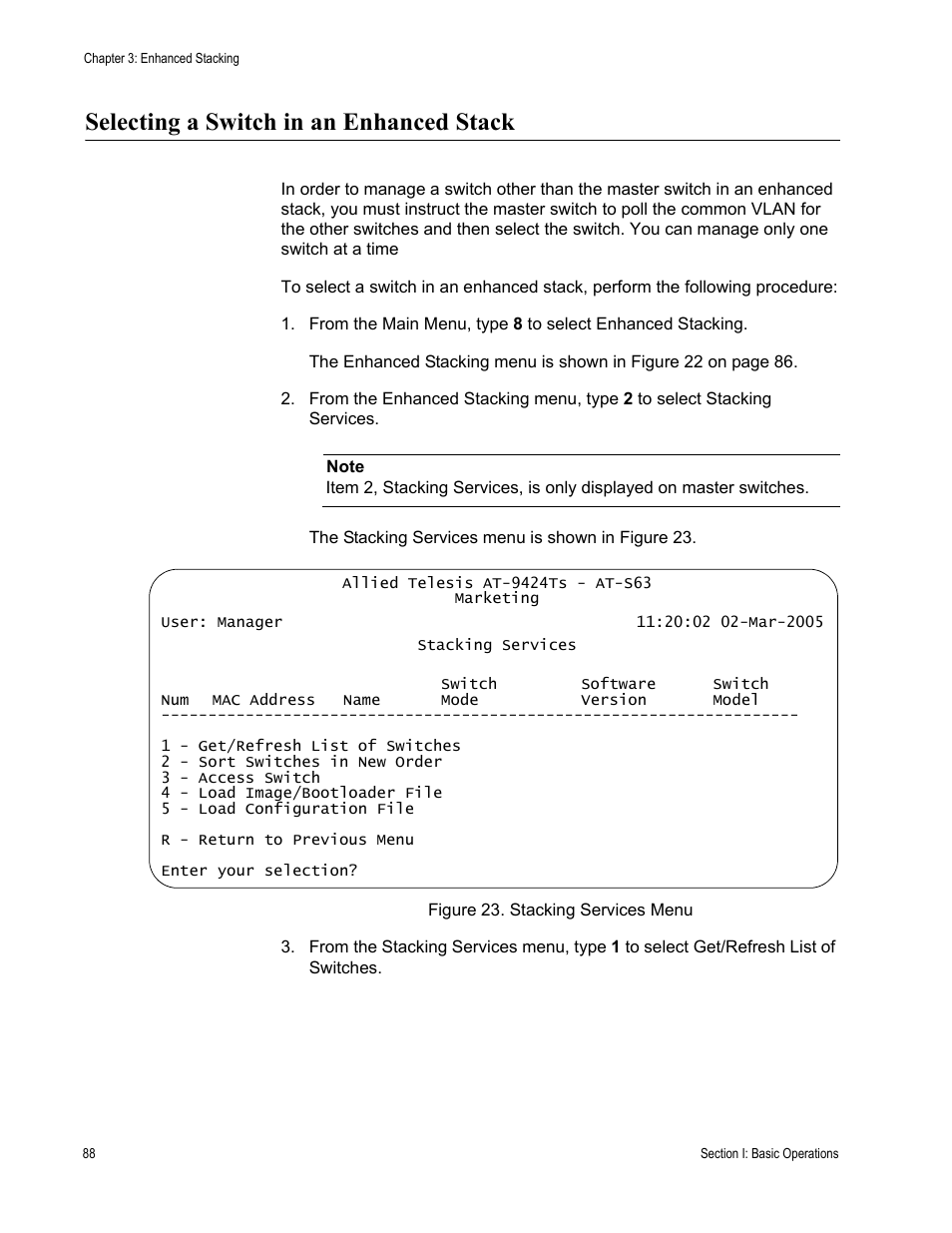 Selecting a switch in an enhanced stack, Figure 23: stacking services menu | Allied Telesis AT-S63 User Manual | Page 88 / 668