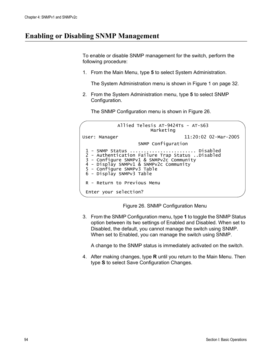 Enabling or disabling snmp management, Figure 26: snmp configuration menu | Allied Telesis AT-S63 User Manual | Page 94 / 668