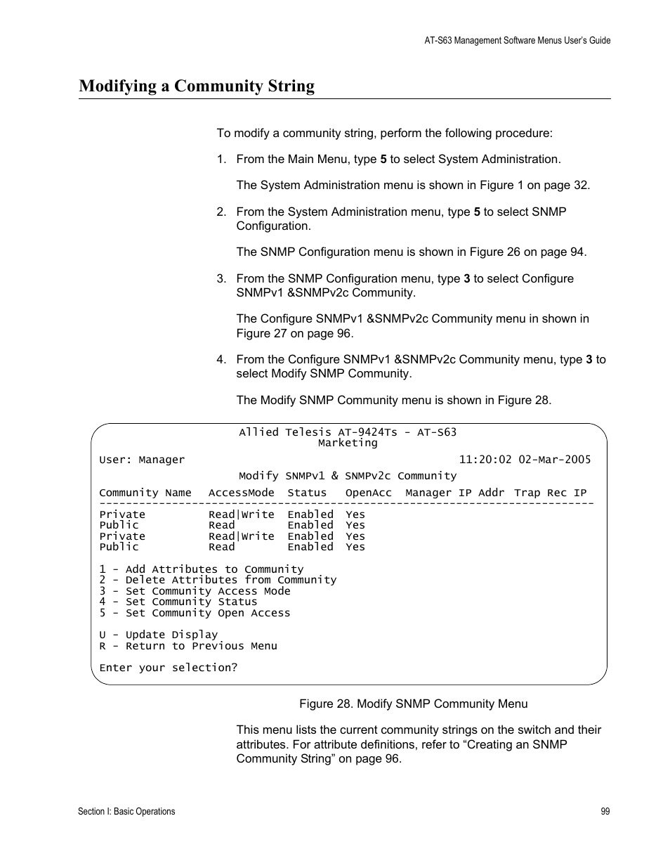 Modifying a community string, Figure 28: modify snmp community menu | Allied Telesis AT-S63 User Manual | Page 99 / 668