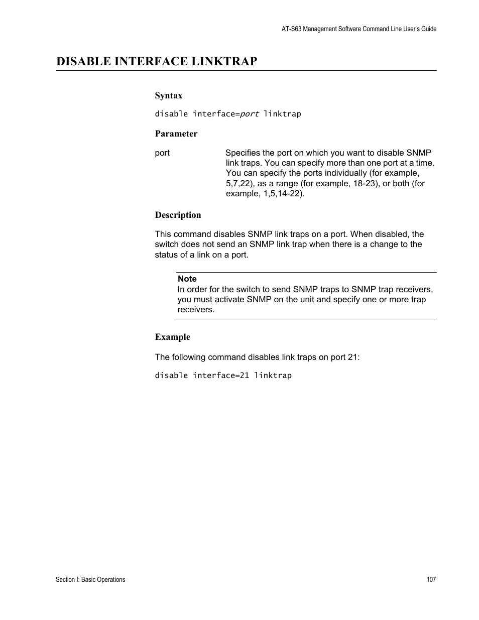 Disable interface linktrap | Allied Telesis AT-S63 User Manual | Page 107 / 738