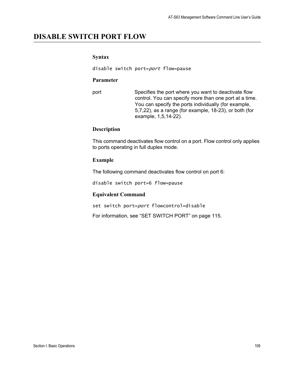 Disable switch port flow | Allied Telesis AT-S63 User Manual | Page 109 / 738