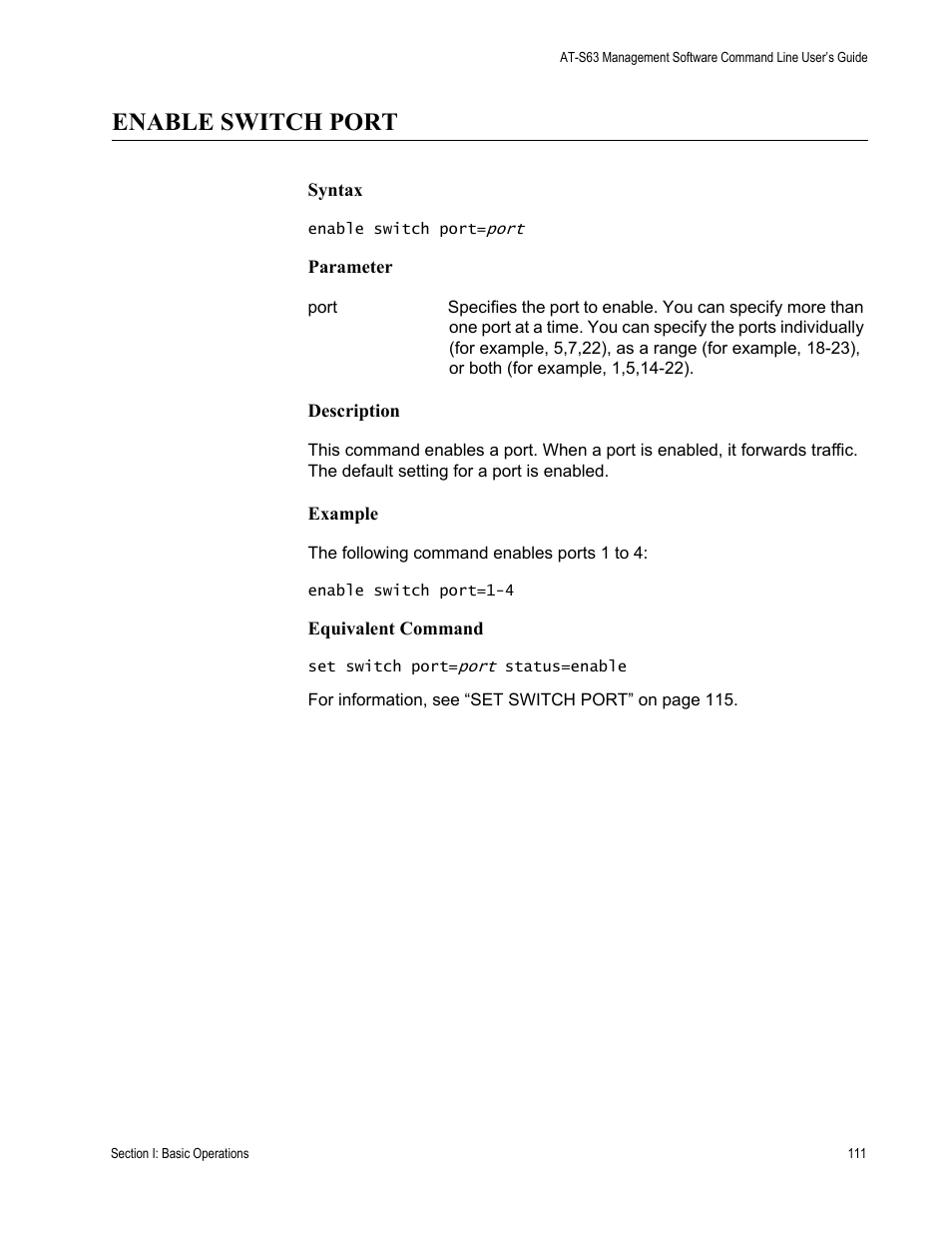 Enable switch port | Allied Telesis AT-S63 User Manual | Page 111 / 738