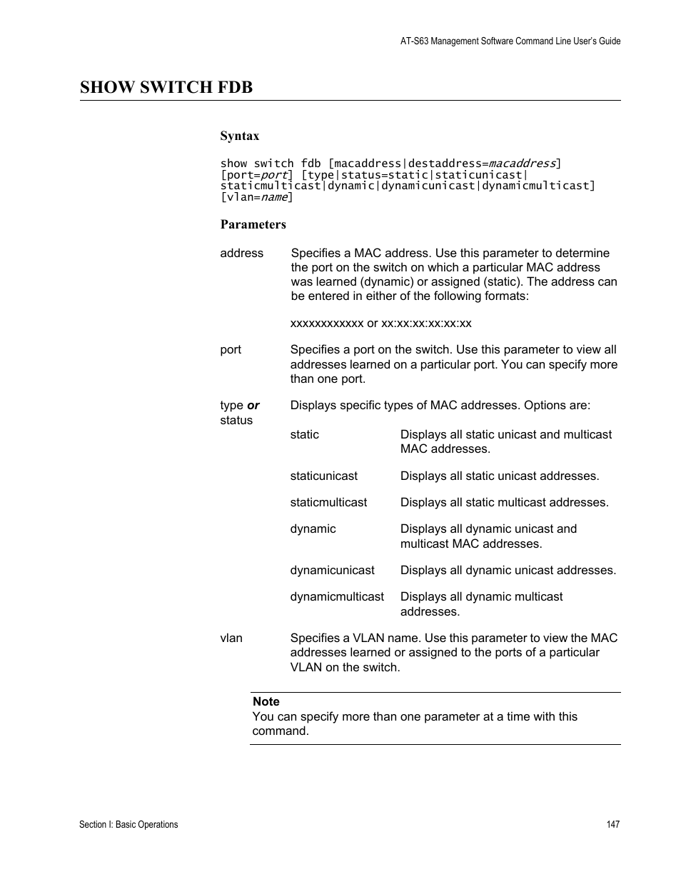 Show switch fdb | Allied Telesis AT-S63 User Manual | Page 147 / 738