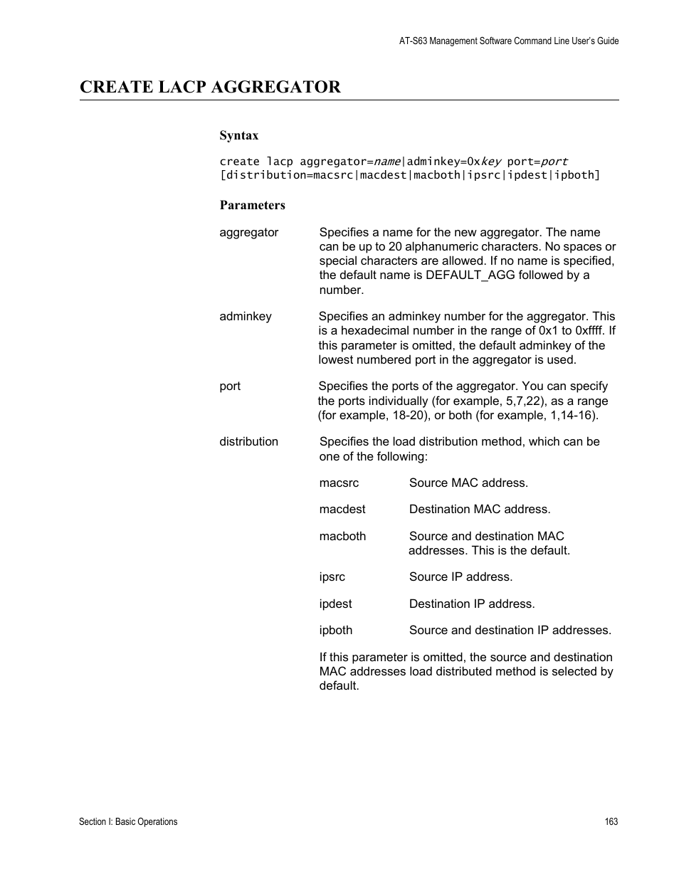Create lacp aggregator | Allied Telesis AT-S63 User Manual | Page 163 / 738