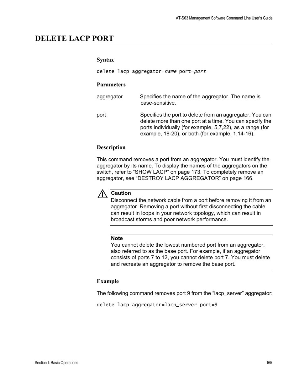 Delete lacp port | Allied Telesis AT-S63 User Manual | Page 165 / 738