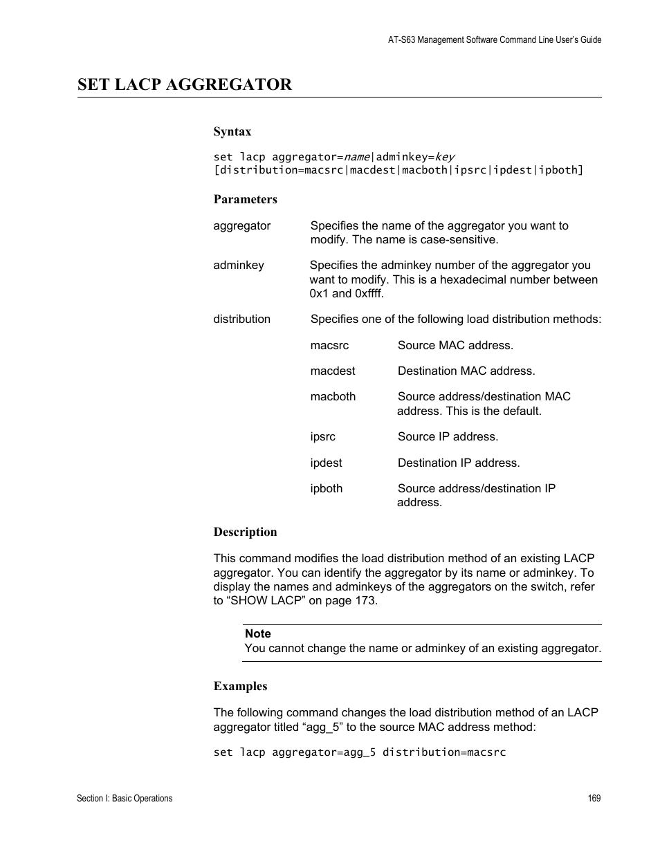 Set lacp aggregator | Allied Telesis AT-S63 User Manual | Page 169 / 738