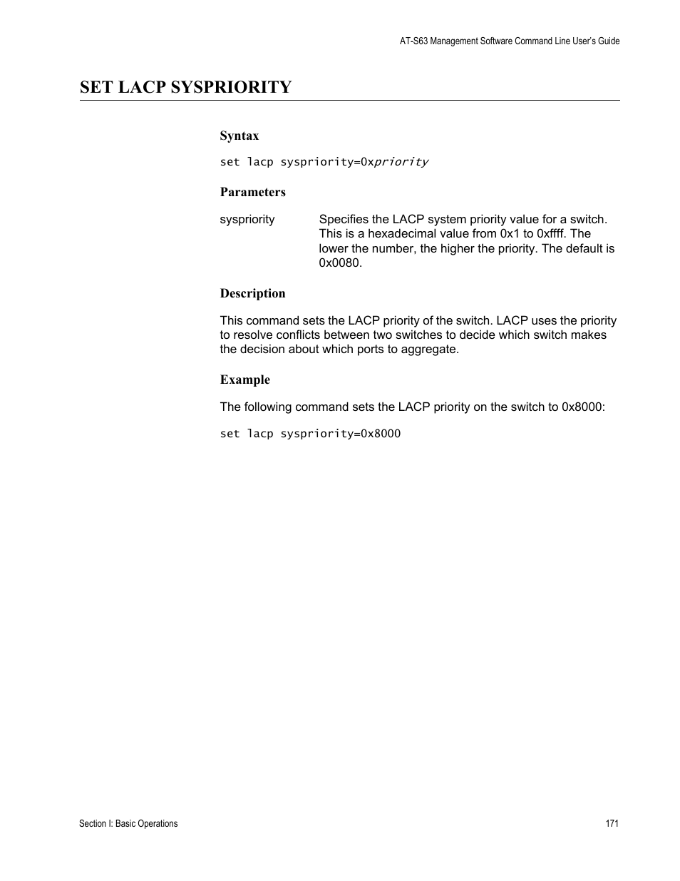 Set lacp syspriority | Allied Telesis AT-S63 User Manual | Page 171 / 738