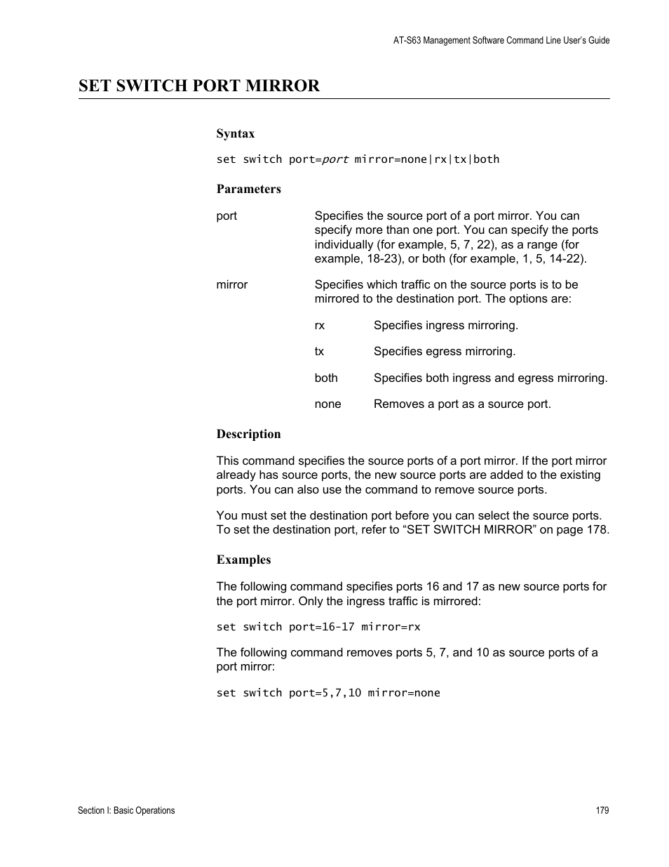 Set switch port mirror | Allied Telesis AT-S63 User Manual | Page 179 / 738