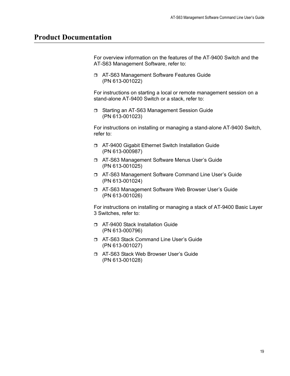 Product documentation | Allied Telesis AT-S63 User Manual | Page 19 / 738
