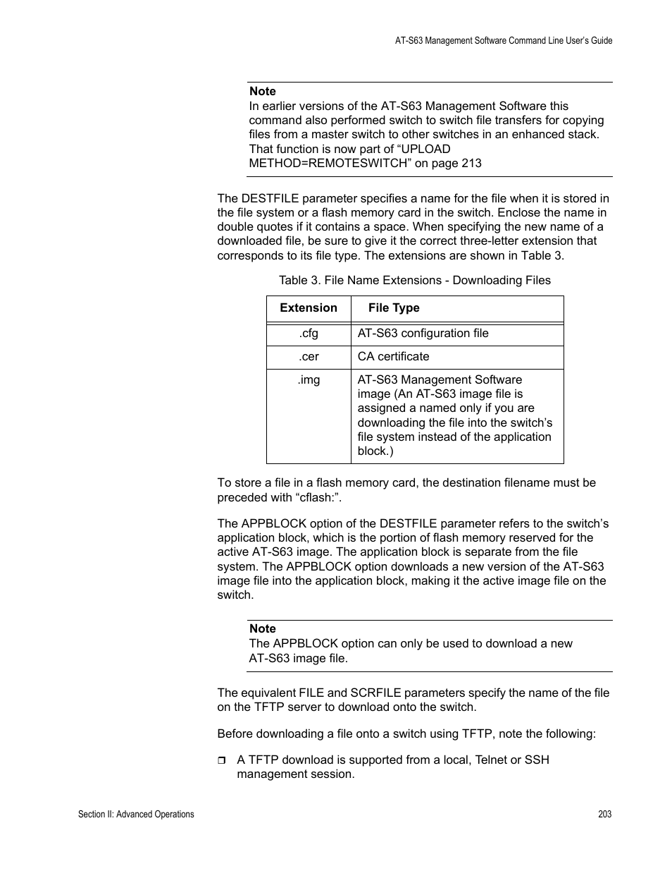 Table 3. file name extensions - downloading files | Allied Telesis AT-S63 User Manual | Page 203 / 738