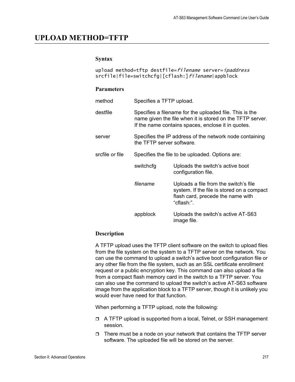 Upload method=tftp | Allied Telesis AT-S63 User Manual | Page 217 / 738