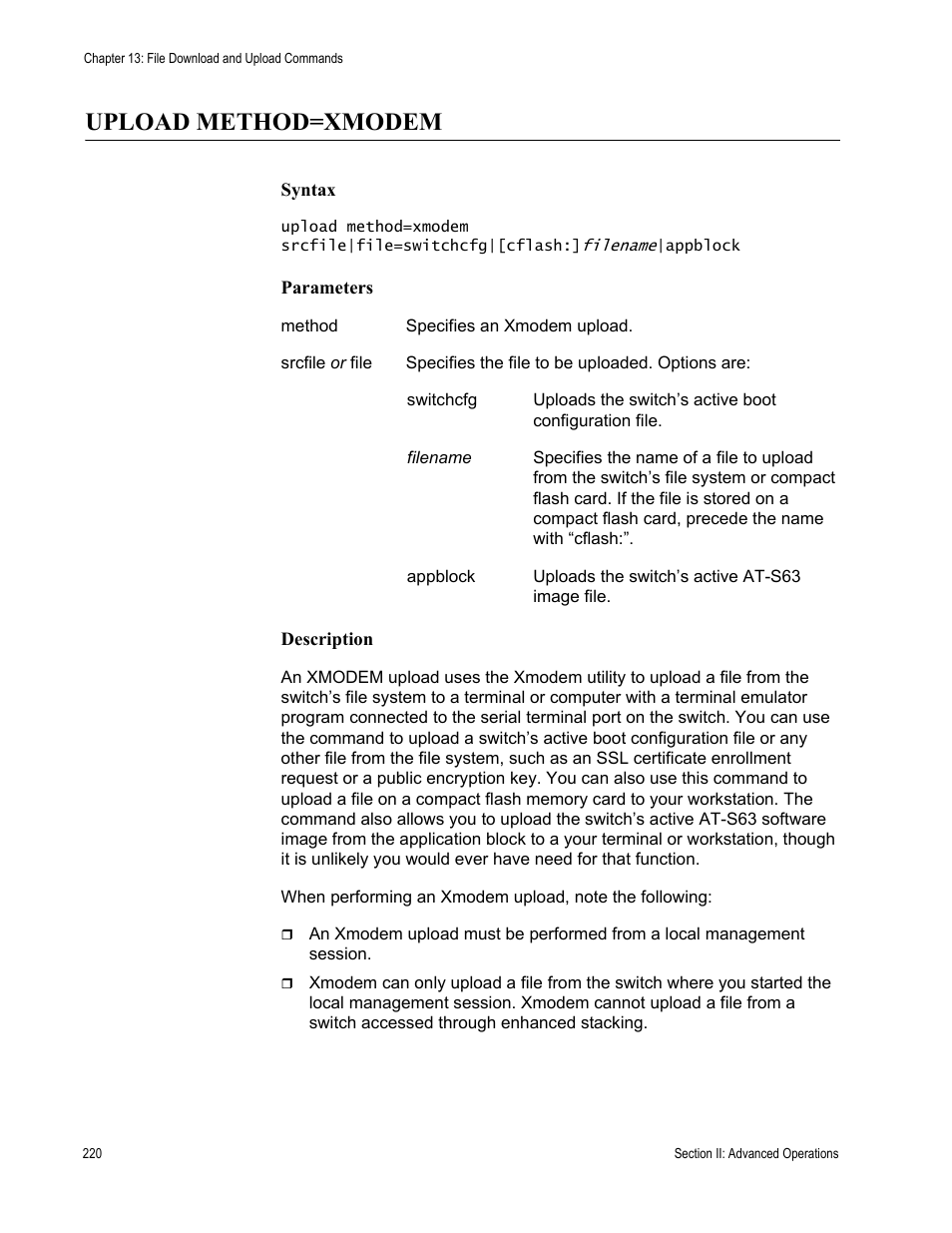 Upload method=xmodem | Allied Telesis AT-S63 User Manual | Page 220 / 738