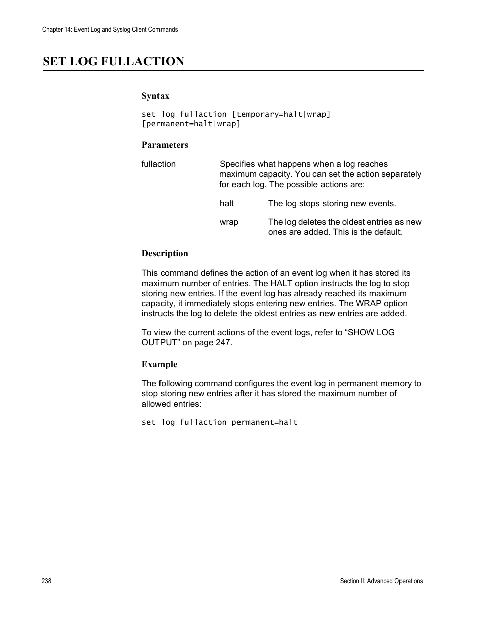 Set log fullaction | Allied Telesis AT-S63 User Manual | Page 238 / 738