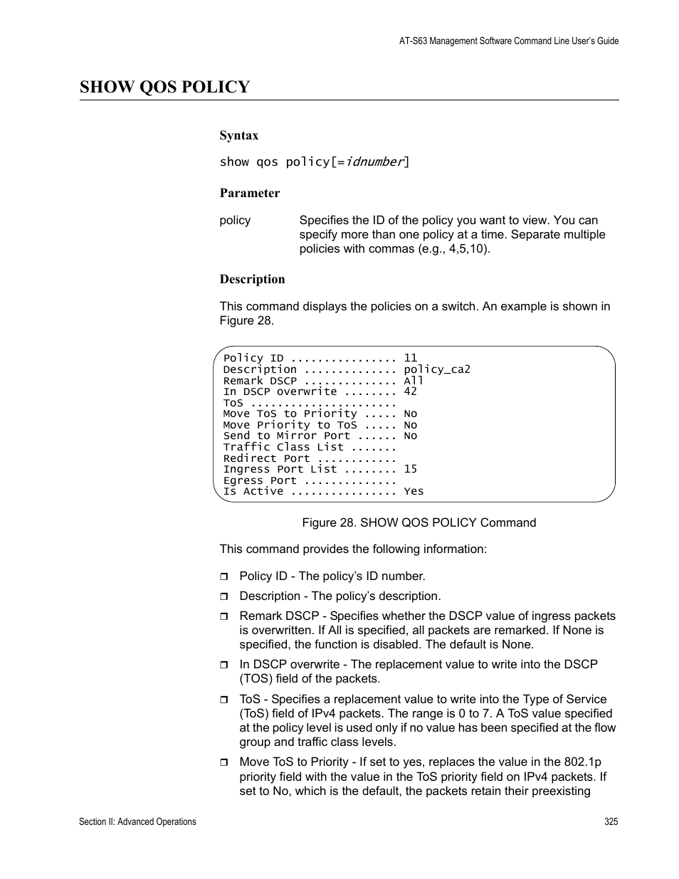 Show qos policy | Allied Telesis AT-S63 User Manual | Page 325 / 738