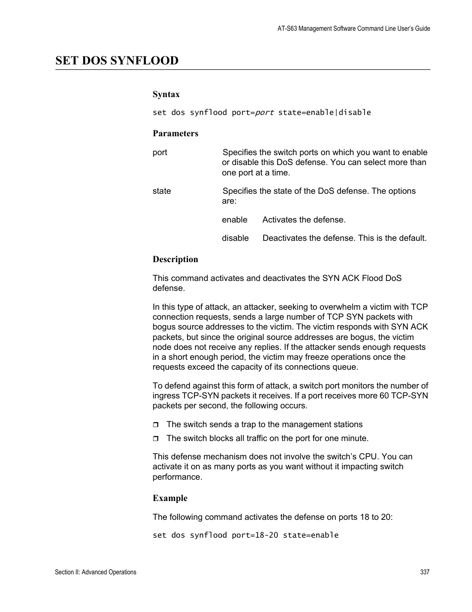 Set dos synflood | Allied Telesis AT-S63 User Manual | Page 337 / 738