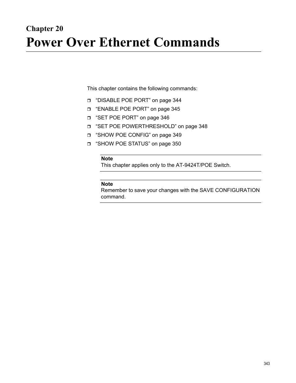 Chapter 20, Power over ethernet commands | Allied Telesis AT-S63 User Manual | Page 343 / 738