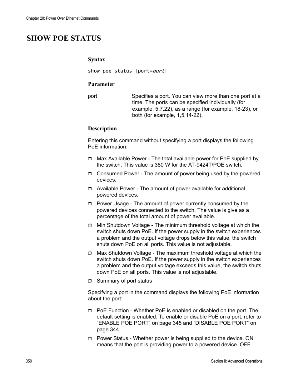 Show poe status | Allied Telesis AT-S63 User Manual | Page 350 / 738