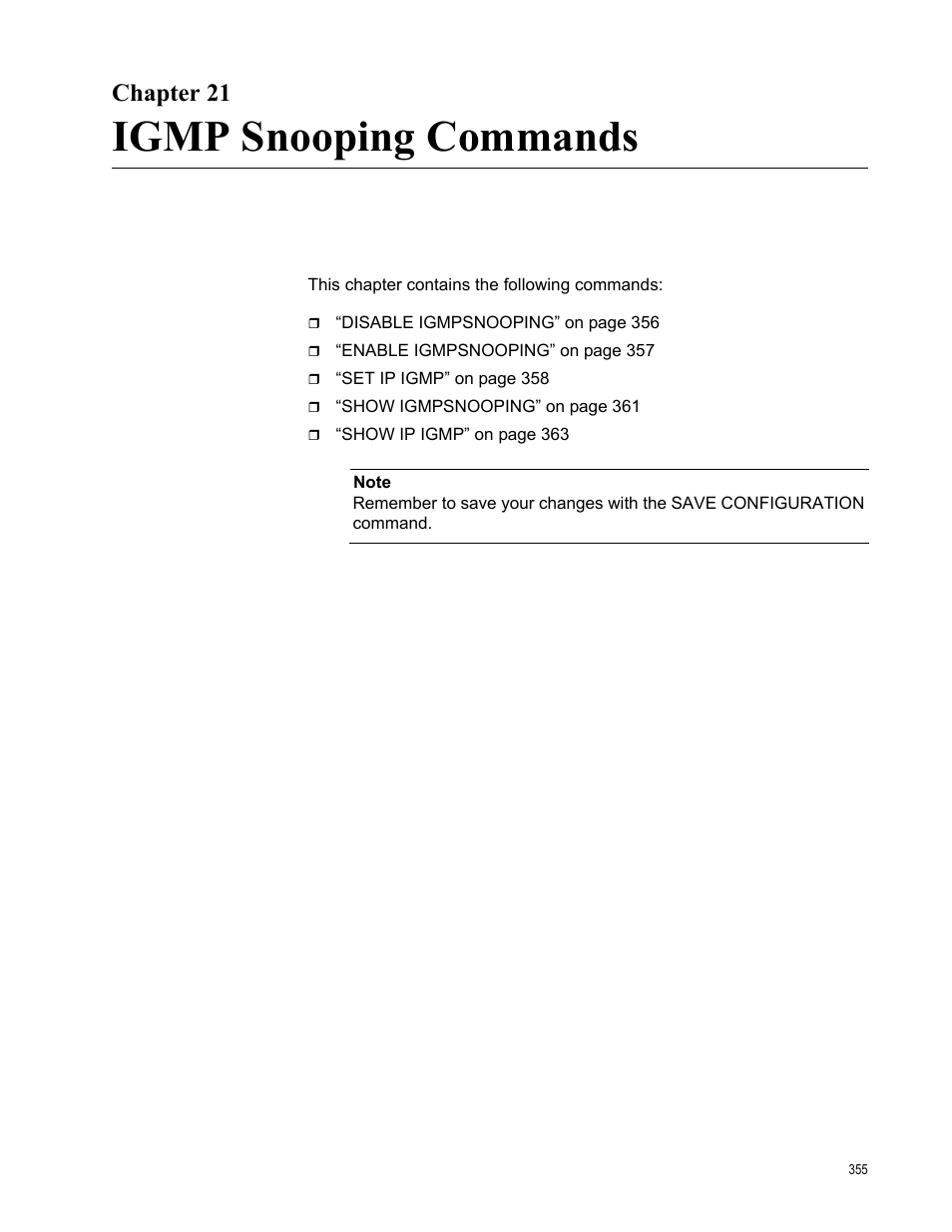 Chapter 21, Igmp snooping commands | Allied Telesis AT-S63 User Manual | Page 355 / 738